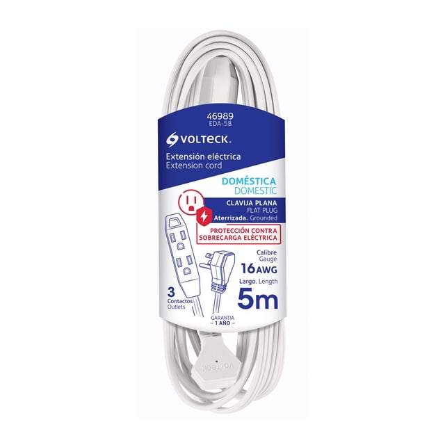 Extensión doméstica aterrizada 5 m blanca con clavija plana Volteck EDA-5B