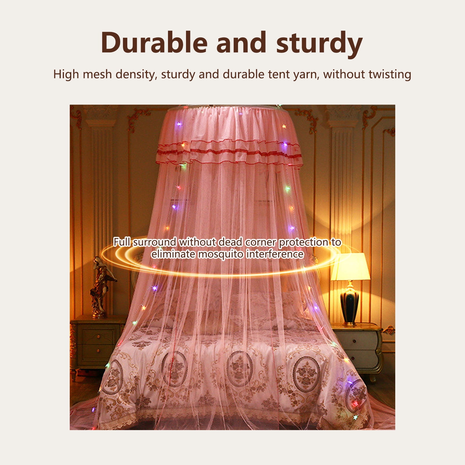 Mosquito Net Bed Canopy with Lights for Girls,Princess Canopy Bed Curtain Fine Sheer Mesh Dome Bed Canopies,Kids & Adults Lace Tent for Twin Full Queen King Bed Decor