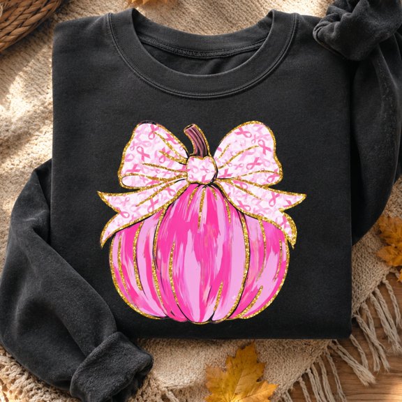 Breast Cancer Awareness Shirt, Pink Ribbon Pumpkin Bow Sweatshirt, October Support Hoodie and T-Shirt, Survivor Warrior Gift for Women