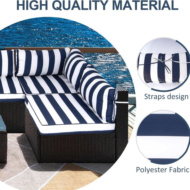 Outdoor Sectional Cushions, 6 Seat Patio Sectional Cushions, 4" Foam High-Density, Water-Resistant Patio Sofa Cushions Replacement Set（Blue white）