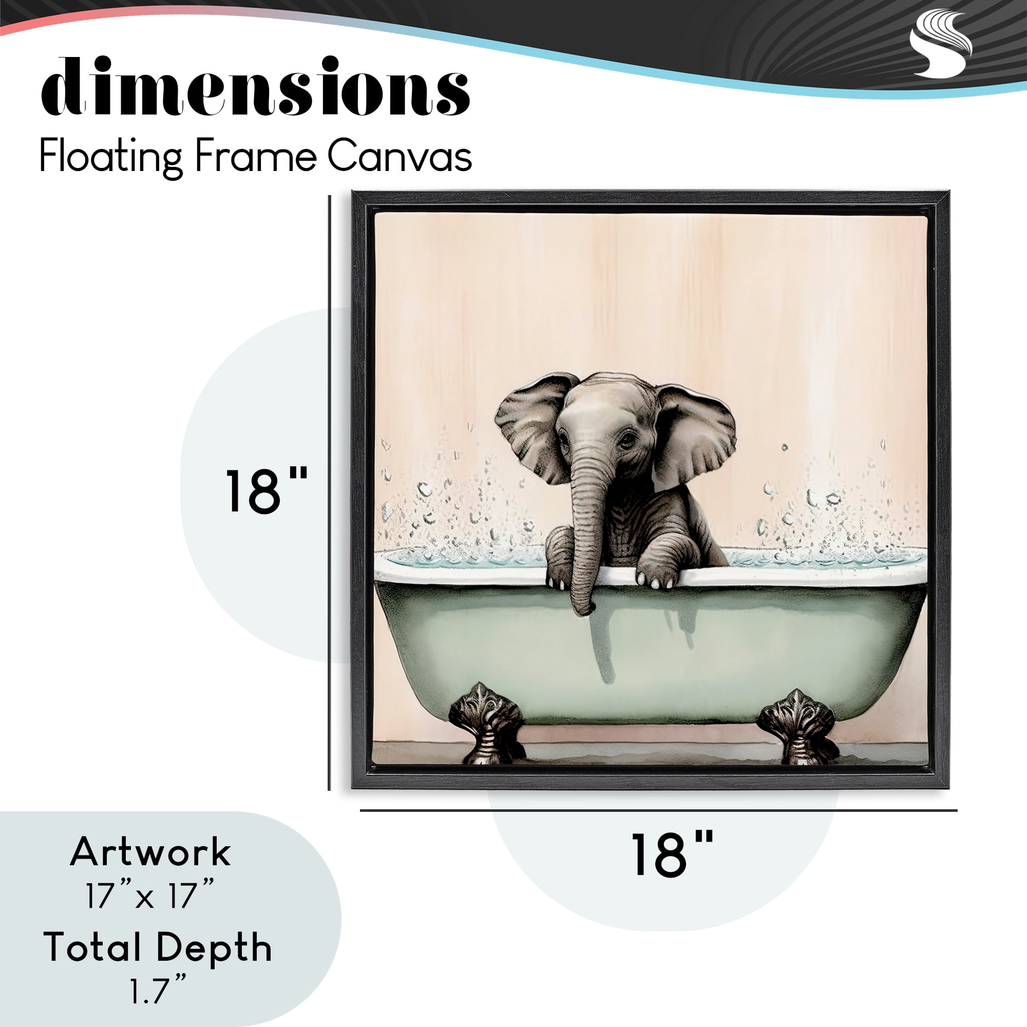 Baby Elephant Bathtime Black Framed Floater Canvas Wall Art, design by Sasha