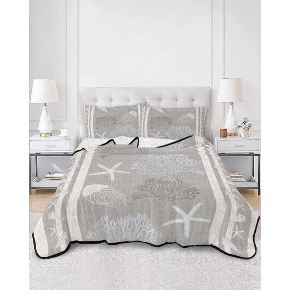 Quilts Queen Size, Gray Coastal Soft Comforter Bedding Set for Bed, Nautical Beach Summer Sea Starfish Coral Lightweight Quilted Bedspread with Pillow Cover(2 Pieces) for All Season, 90x96 Inch