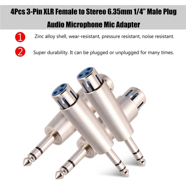4 piezas de conector adaptador de micrófono de audio XLR hembra de 3 pines a conector estéreo de 6,35 mm y 1/4"