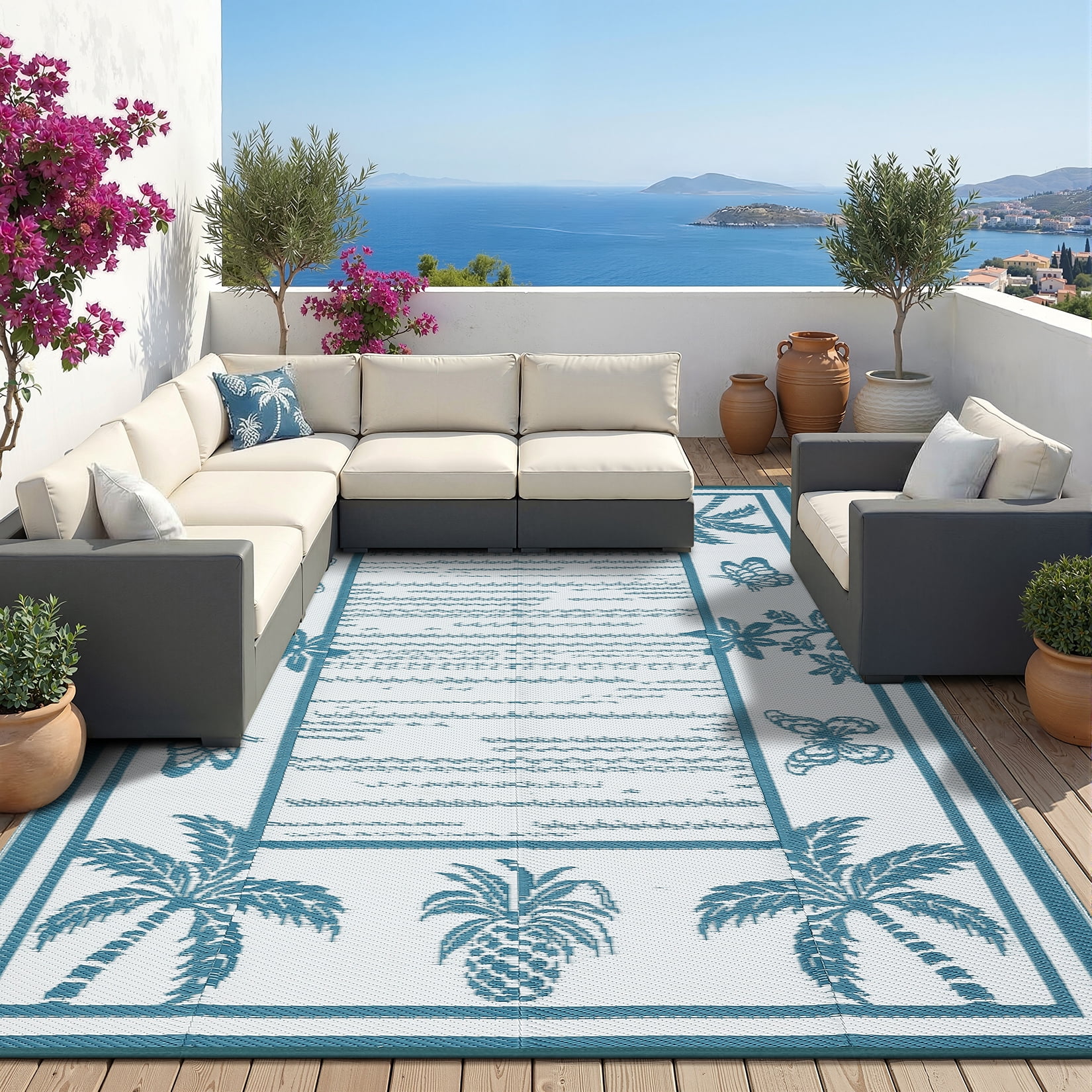 HIWEAVER Gray/Blue 8'x 10' Outdoor Rug Garden Decor Floral Bordered Carpet Plastic Straw Waterproof Reversible Patio Area Rug for Balcony Deck Picnic Portable Camping Mat