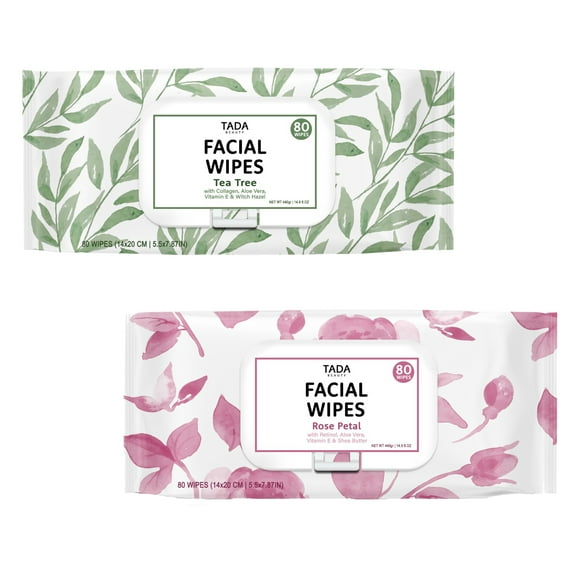 TADA Beauty Lingettes Faciales Démaquillantes Tea Tree & Rose Petal Lingettes Nettoyantes 80ct (2PK)