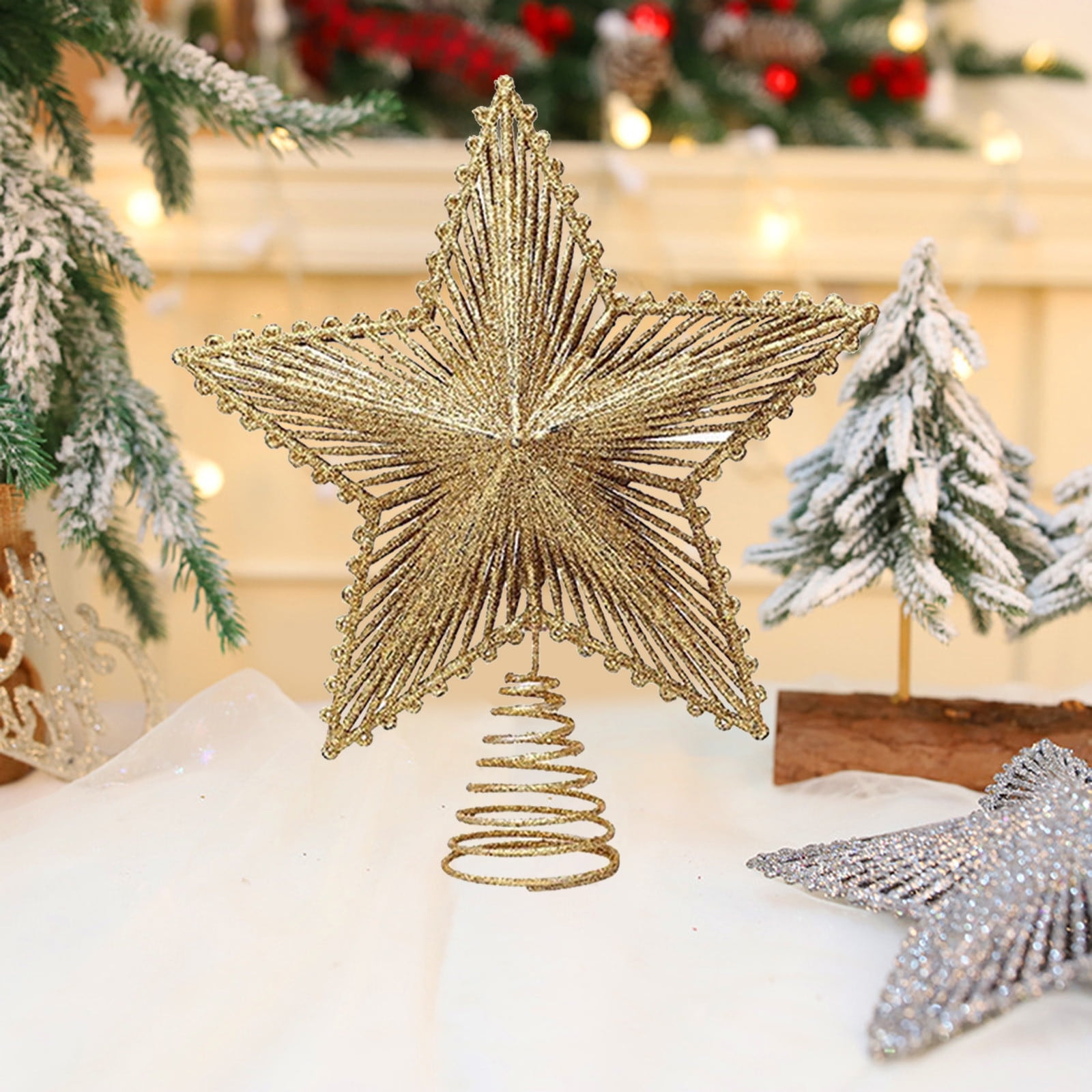 Dmlowu Star Christmas Tree Topper - Glitter Sparkle Star Xmas Tree Topper with Led Lights, Metal Hollowed Christmas Tree Toppers, 8x9" Plug In Christmas Tree Decorations for Home Office Holiday Party