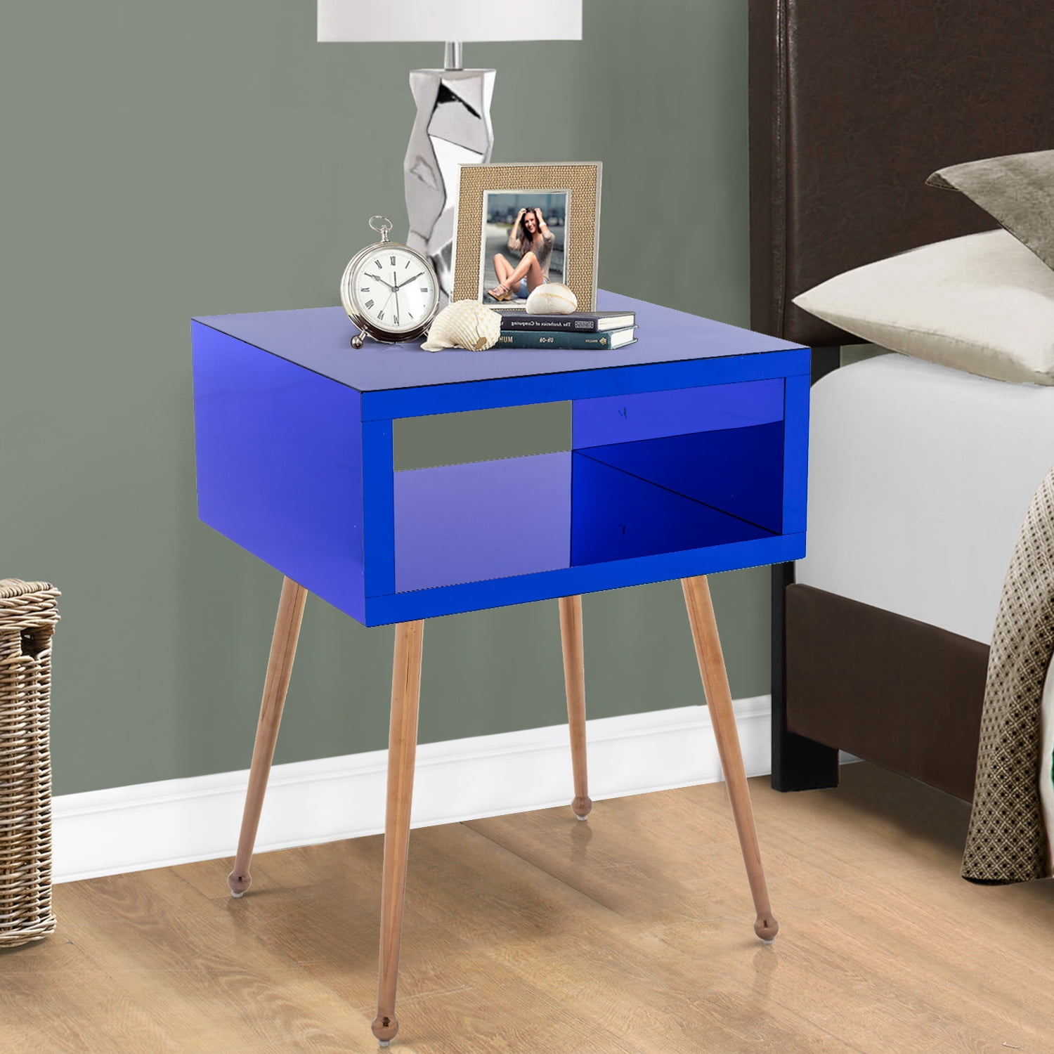 Mirror End Bedside Table with Storage Shelf and Metal Legs, Acrylic
