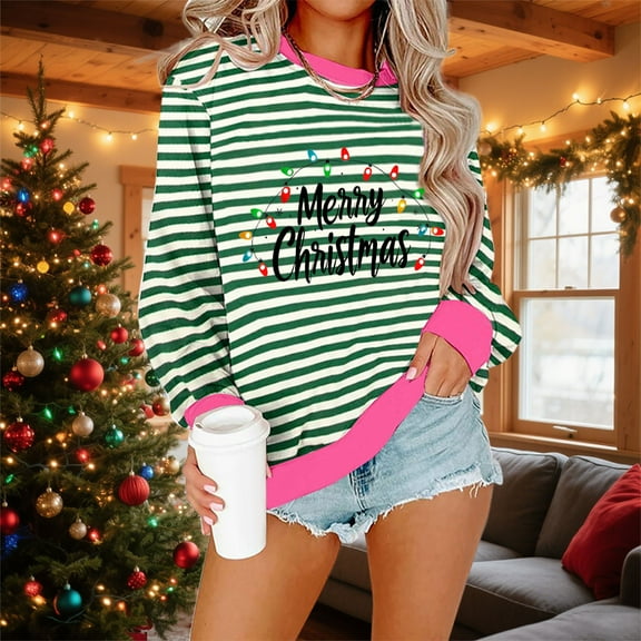Ailaofu Christmas Sweatshirts Women: Sequin Merry Christmas Letter Print Sweater Embroidered Striped Xmas Pullover Tops
