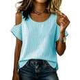 thumbnail image 2 of ClodeEU Women's Cold Shoulder Striped Blouse,Round Neck Short Sleeve T-Shirt for Summer Sky Blue,Women's Plus M, 2 of 8