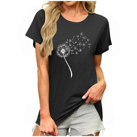 Women's Dandelion Print T-Shirt Graphic Casual Tee Summer Short Sleeve Crewneck Top Cute Floral Shirt