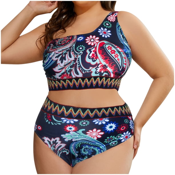 Tops de Bikini para Mujeres Traje de Baño de Bikini de Cintura Alta Floral Dividido de Gran Tamaño 95% Nylon 5% Spandex, Dos Piezas Modestas para la Playa