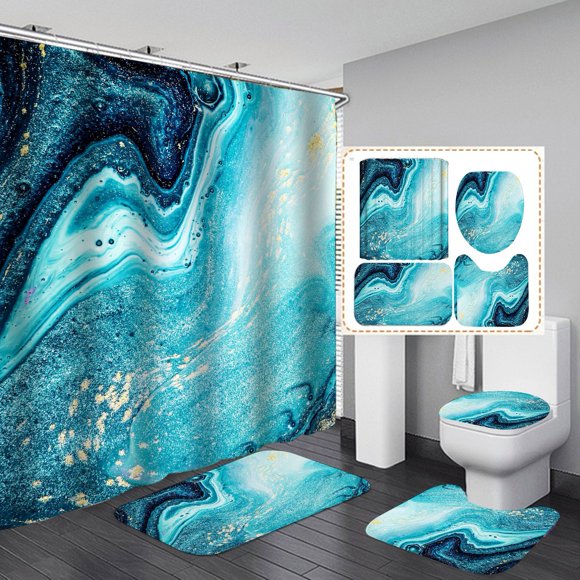 Ensemble de Rideau de Douche en Marbre Vert 4 Pcs avec Tapis Rideaux de Salle de Bain Ensemble de Douche Tapis de Toilette Couvercle Tapis Ensembles de Salle de Bain Ensembles de Rideau de Douche avec 12 Crochets, 72"x72 Pouces