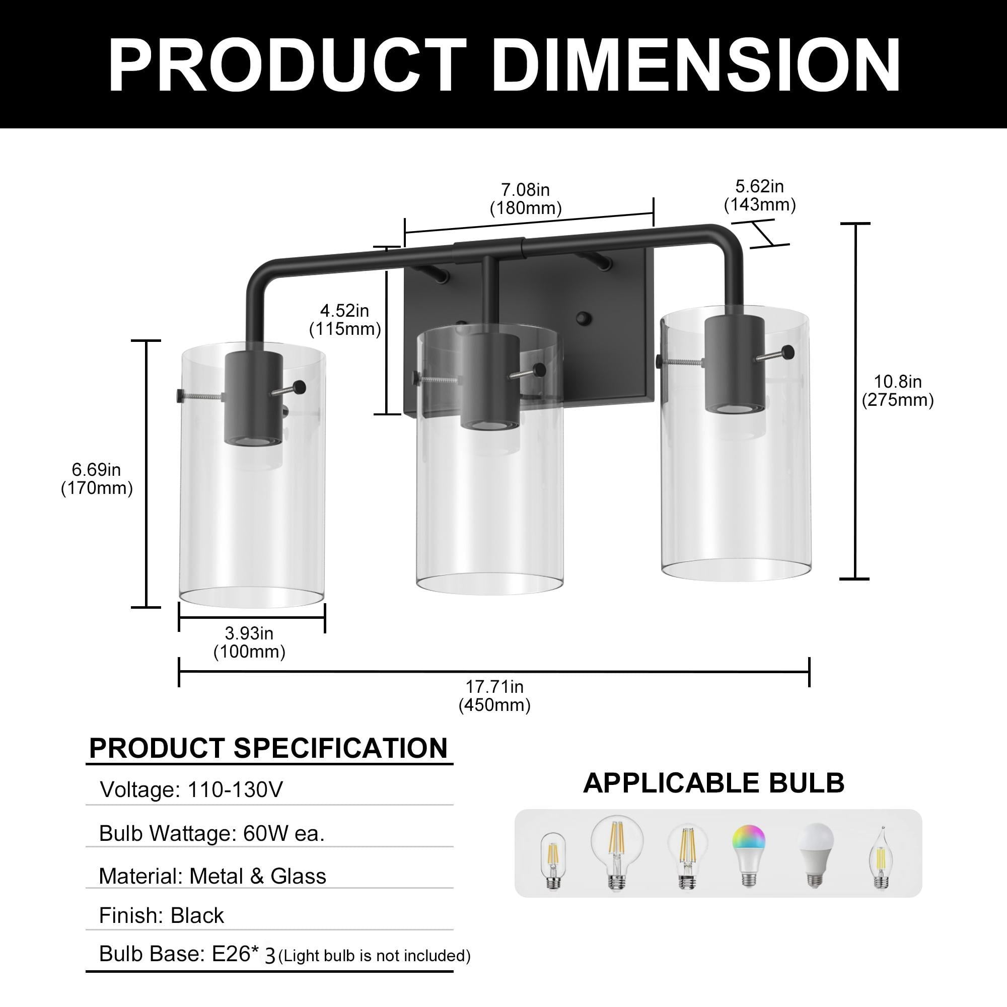 YANSUN Bathroom Vanity Light Fixture, 18 in 3-Light Black Metal Bathroom Light Fixtures Over Mirror, with Clear Glass Shade, Modern Farmhouse Vanity Lights, Rustic Restroom Lighting Fixtures