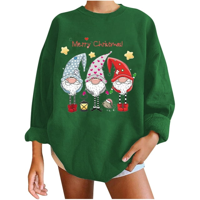 Pompotops Automne et Hiver Femmes Chandail Imprimé de Noël Col Rond Manches Longues Blouse Unie Hauts Chandails en Molleton