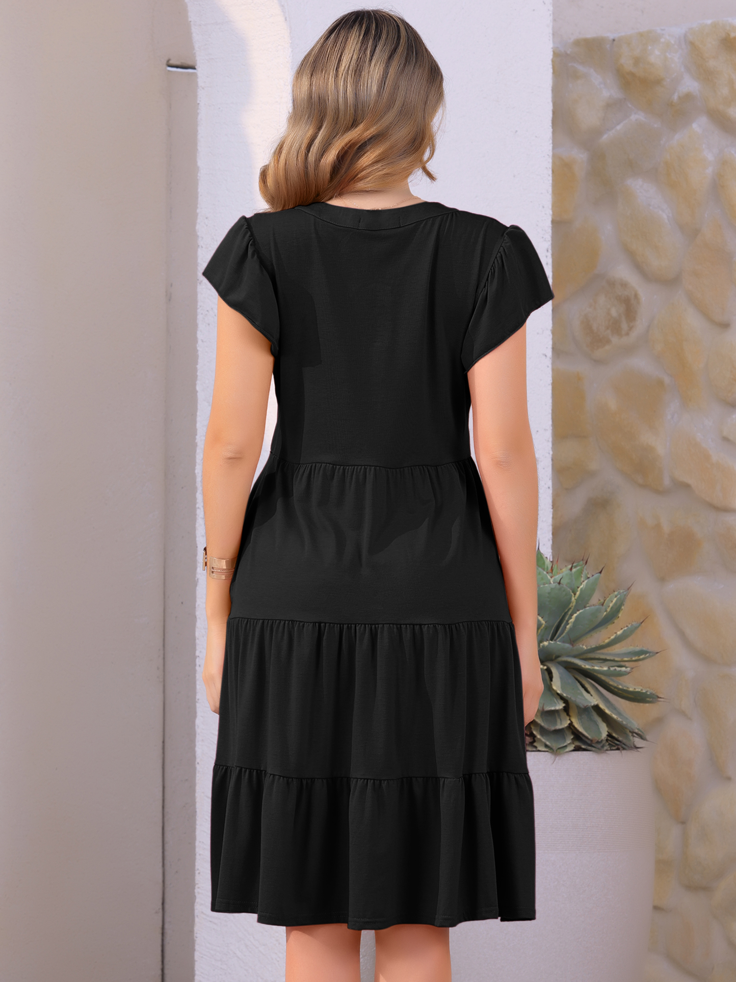 DARING DIVA V Neck Midi Sundress Flowy Tiered Beach Dress L Black
