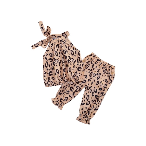 Seyurigaoka Girls 2 Pieces Outfit, Leopard Strap Halter Camisole + Pants Set