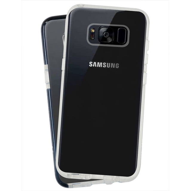funda instacase para samsung galaxy s8 antigolpes uso rudo color blanco funda TPU flexible de 3 mm con orilla reforzada de caucho, vista trasera centrada de Galaxy S8 en la funda mostrando recorte de cámara y bordes elevados de 3 mm con perfil texturizado para agarre; fondo neutro con segunda funda en ángulo 3/4 detrás. También suele usarse para proteger el teléfono en mochilas y viajes.