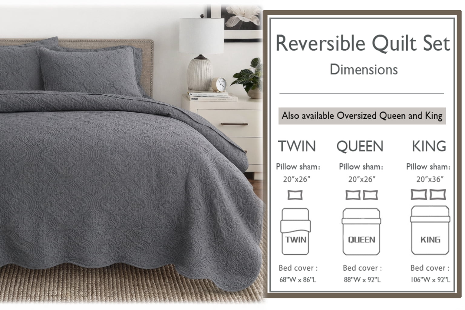 Victorian Medallion Matelassé Pure Solid Gray Scalloped Edge Cotton Quilt Bedding Set
