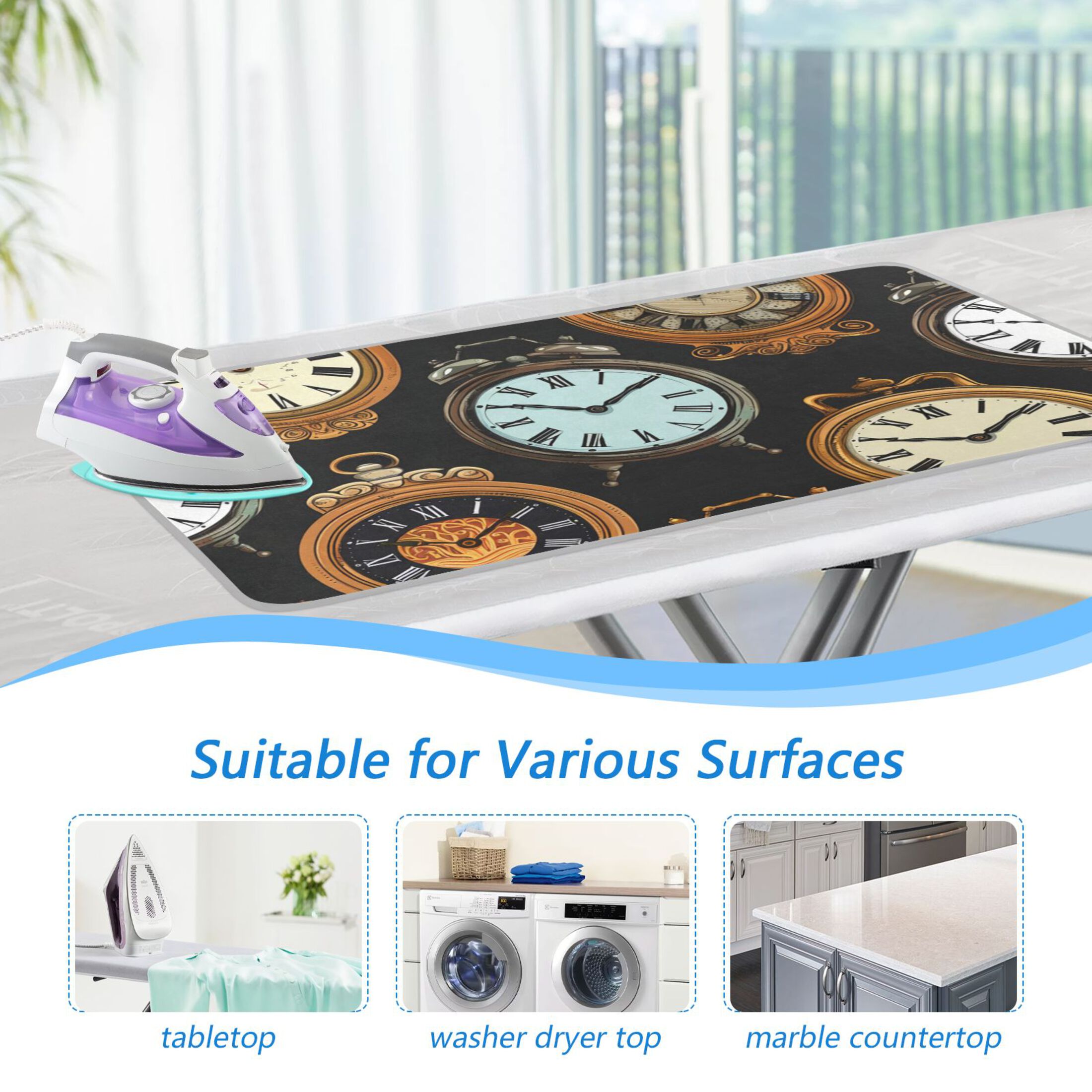 Clock Hand Painted Ironing Mat Blanket Portable Travel Ironing Pad Heat Resistant Pad 47.2" x 27.6”