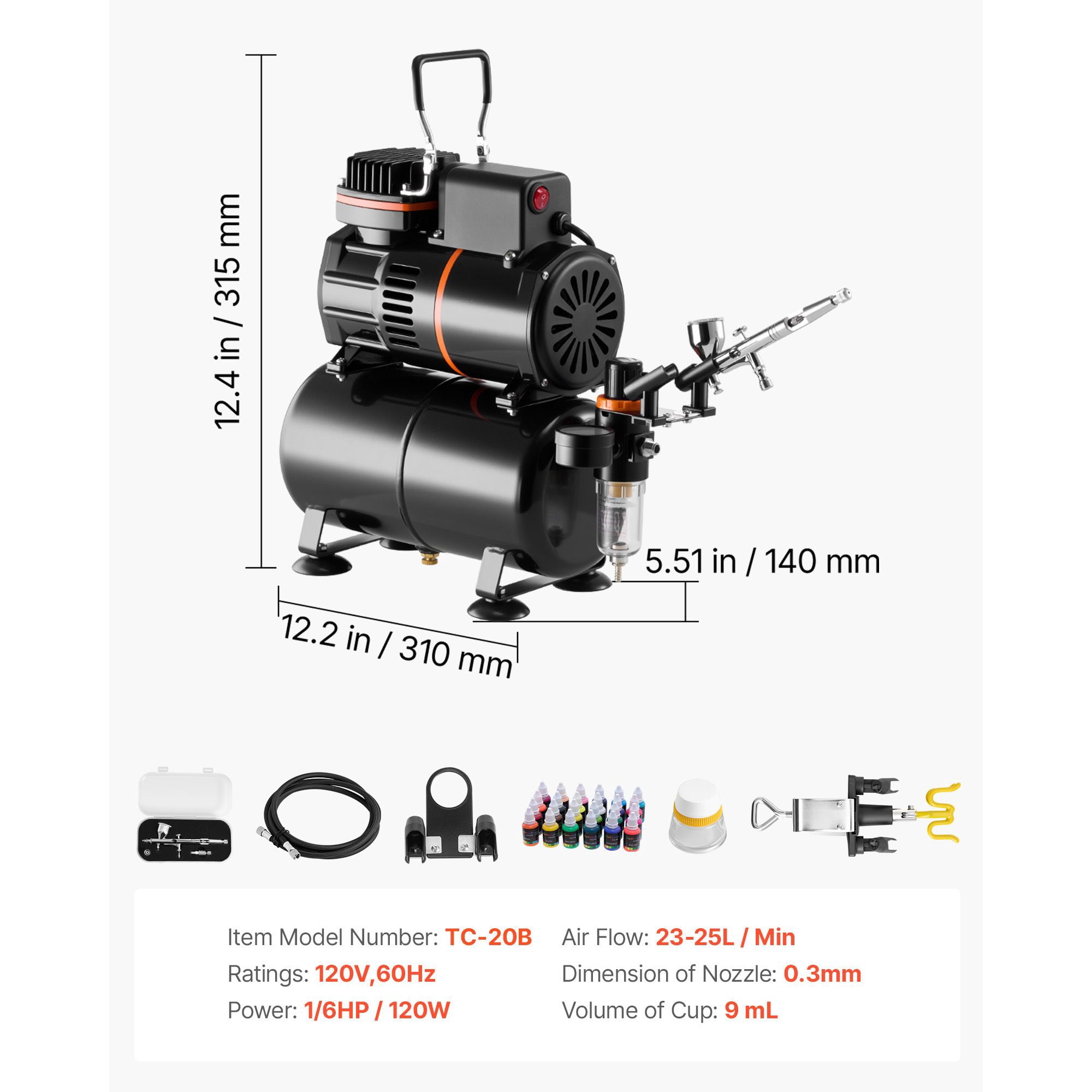 Professional Airbrush Kit with Compressor&Tank,Dual-Action Airbrush for Cake Decorating,Model Painting,Nail Art,Includes Hose,Acrylic Paint,2 Fans