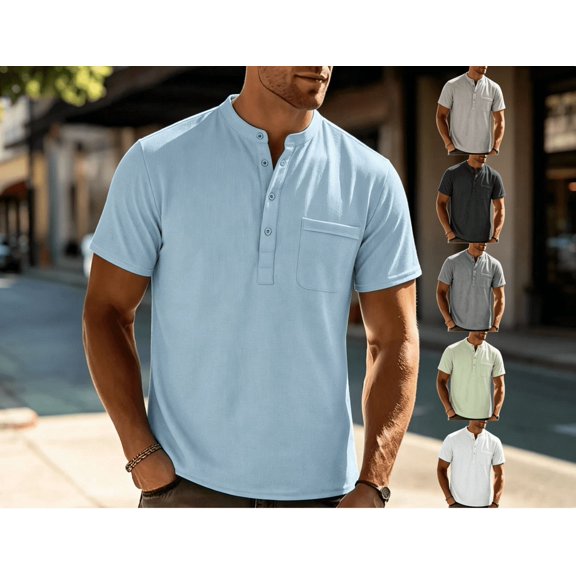 Men's Big and Tall Henley T-Shirts, Short Sleeve Pocket Waffle Knit Loose Fit Shirt Summer Oversized Button Tee Big and Tall Size S-3XL White