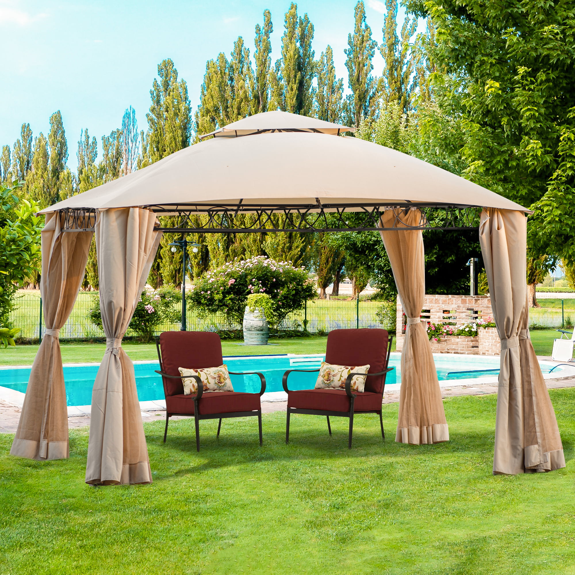 Outsunny 10x10ft Garden Gazebo Double Top Outdoor Canopy Patio Event Party Tent Backyard Sun Shade with Mesh Curtain Beige
