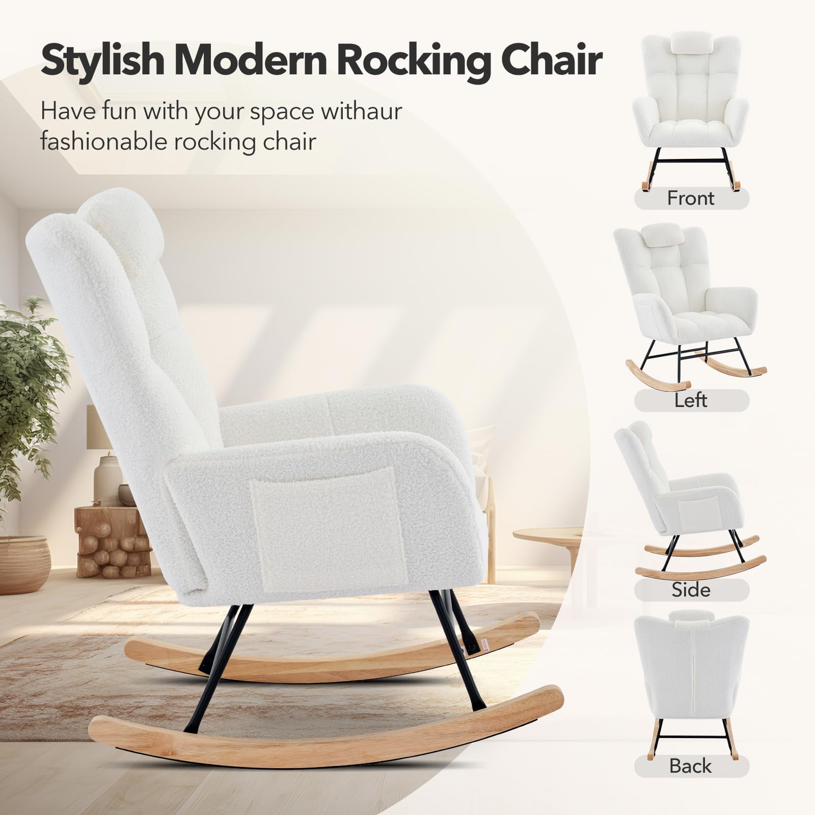 Kicctian High Back Upholstered Rocking Chair, Plush Headrest Armrest Accent Seat for Living Room Bedroom,Beige