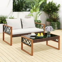 Costway 2 Pieces Patio PE Wicker Furniture Set Outdoor Acacia Wood Loveseat for Porch