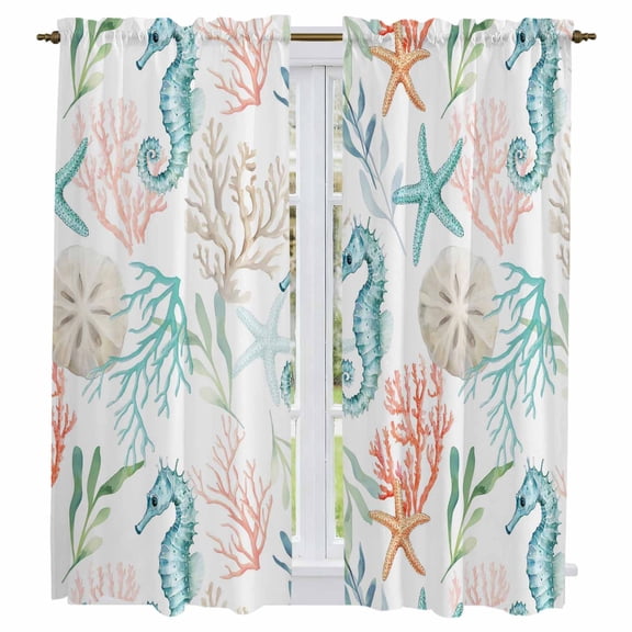 Teal Red Seahorse Coastal Kitchen Curtains 63 Inch Length, Nautical Beach Coral Starfish Tiers Curtains for Living Room Berdoom Bathroom, Light Filtering Drapes Window Treatment 2 Panels 42"Wx63"L
