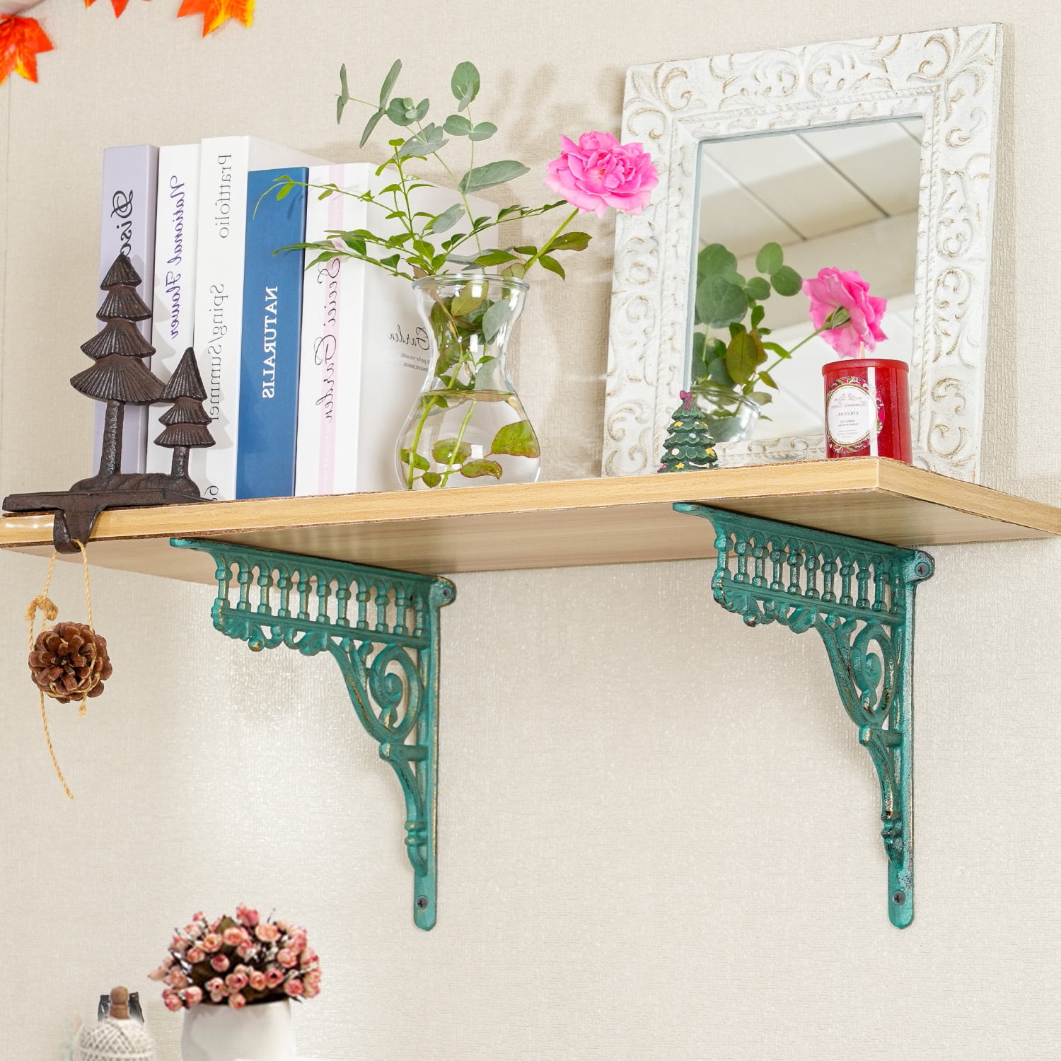 Sungmor 10.6 Inch Cast Iron Green Brackets for Shelves, 2PC Vintage Decorative Angle Support Doorway Bracket, Shelves Corbels, Wall Mounted Floating Shelf Bracket