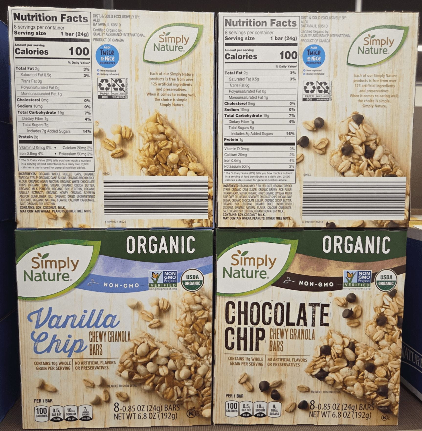 Simply Nature Organic NON-GMO Vanilla Chip & Chocolate Chip Chewy Granola Bars 6.8oz 192g (4 Boxes)