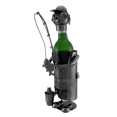 Fisherman With Fishing Pole Metal Art Wine Bottle Display