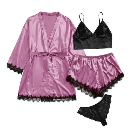 

4 Pieces Women s Silk Satin Pajama Set Casual Comfy Floral Lace Trim Cami Lingerie Sleepwear Loungewear with Robe