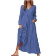 thumbnail image 1 of Ersazi Robe T-Shirt Mode Robes pour Femmes Décontractées à Manches Longues Couleur Col en V Longue Robe en Liquidation Bleu Foncé TTG, 1 of 4