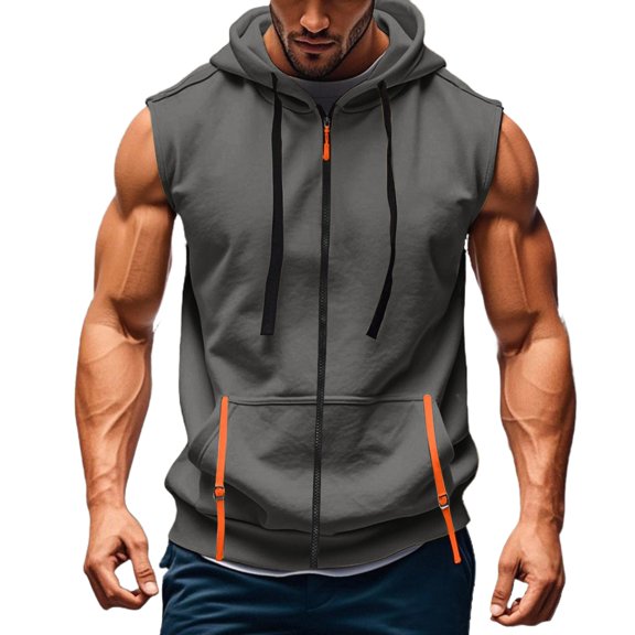Evdexr Men's Zip Up Hoodies Sleeveless Pullover Solid Hooded Outdoor Drawstrings Tank Tops Lightweight Big and Tall Chest Pockets Loose Fit Sweatshirts Dark Gray XL