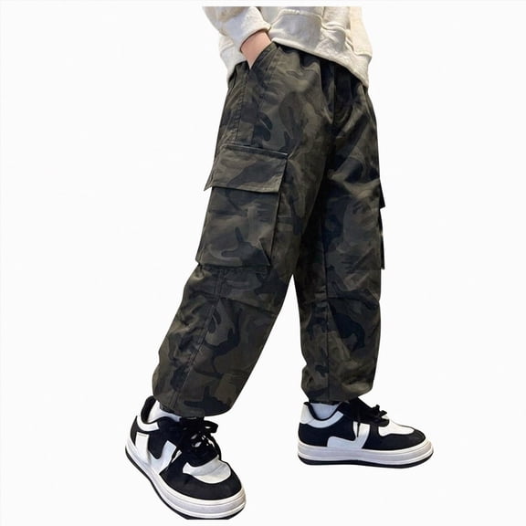 enyan Boy's Camo Cargo Pants Joggers Baggy Fall Elastic Waist Wide Casual Hunting Pants with Pockets(Camouflage,13-14 Years)