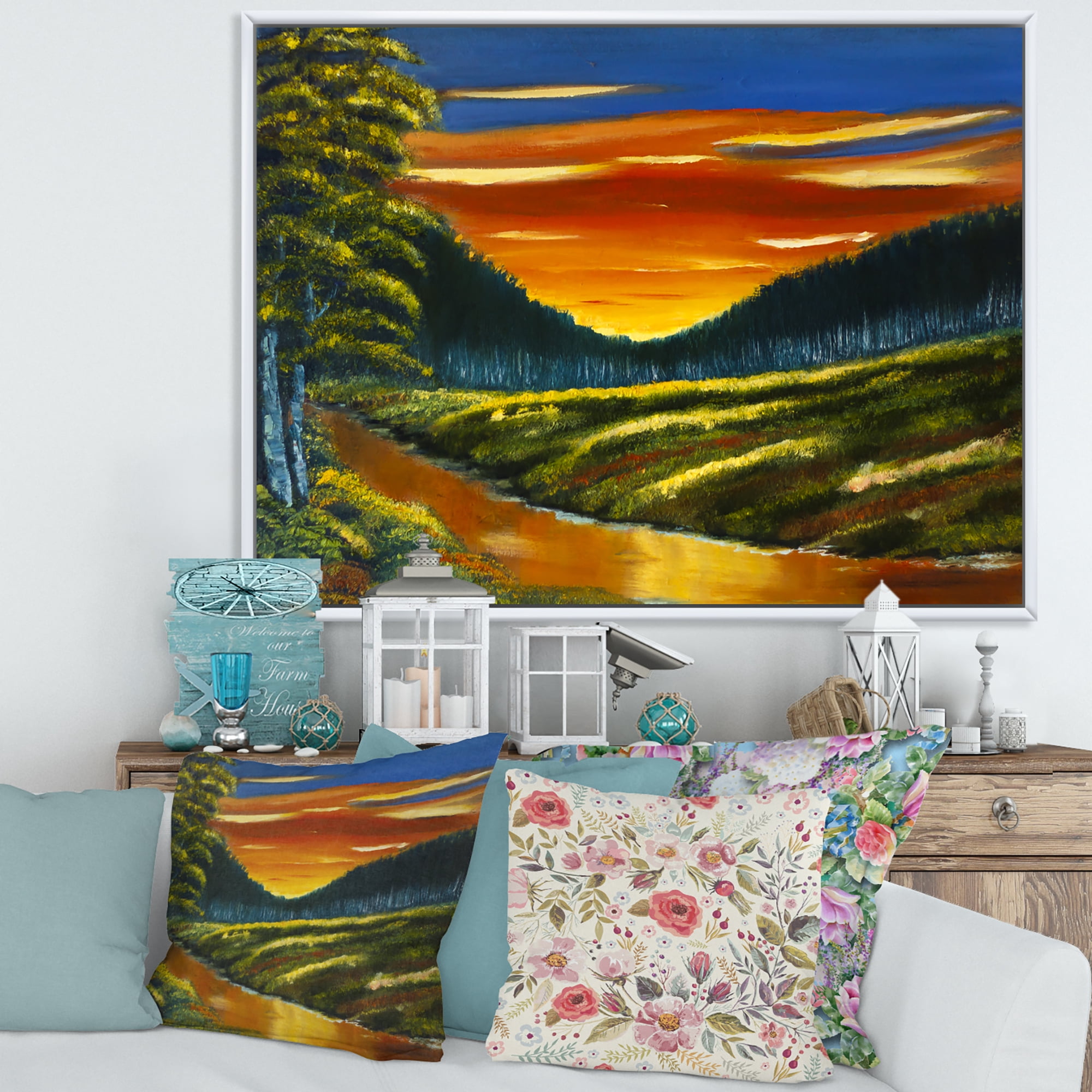 Designart 'Warm Coloured Sunset Glow Above The Lotus Swamp' Traditional Framed Canvas Wall Art Print