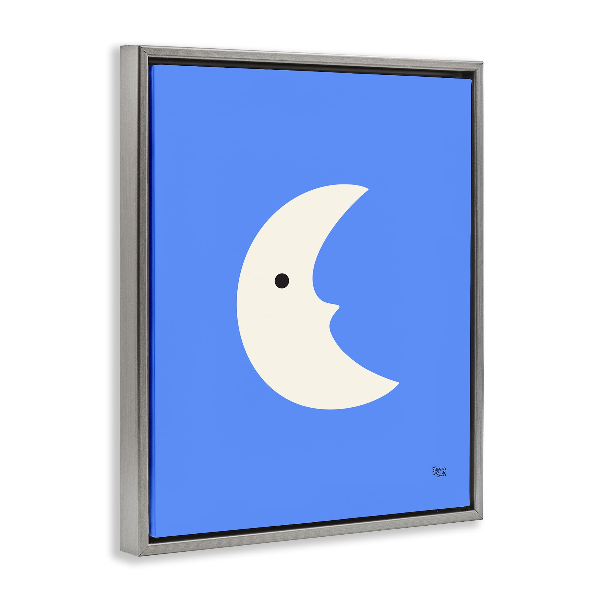 Stupell Industries Blue Crescent Moon Face Landscape & Nature Painting Gray Floater Framed Canvas Art Print Wall Art, 17 x 21