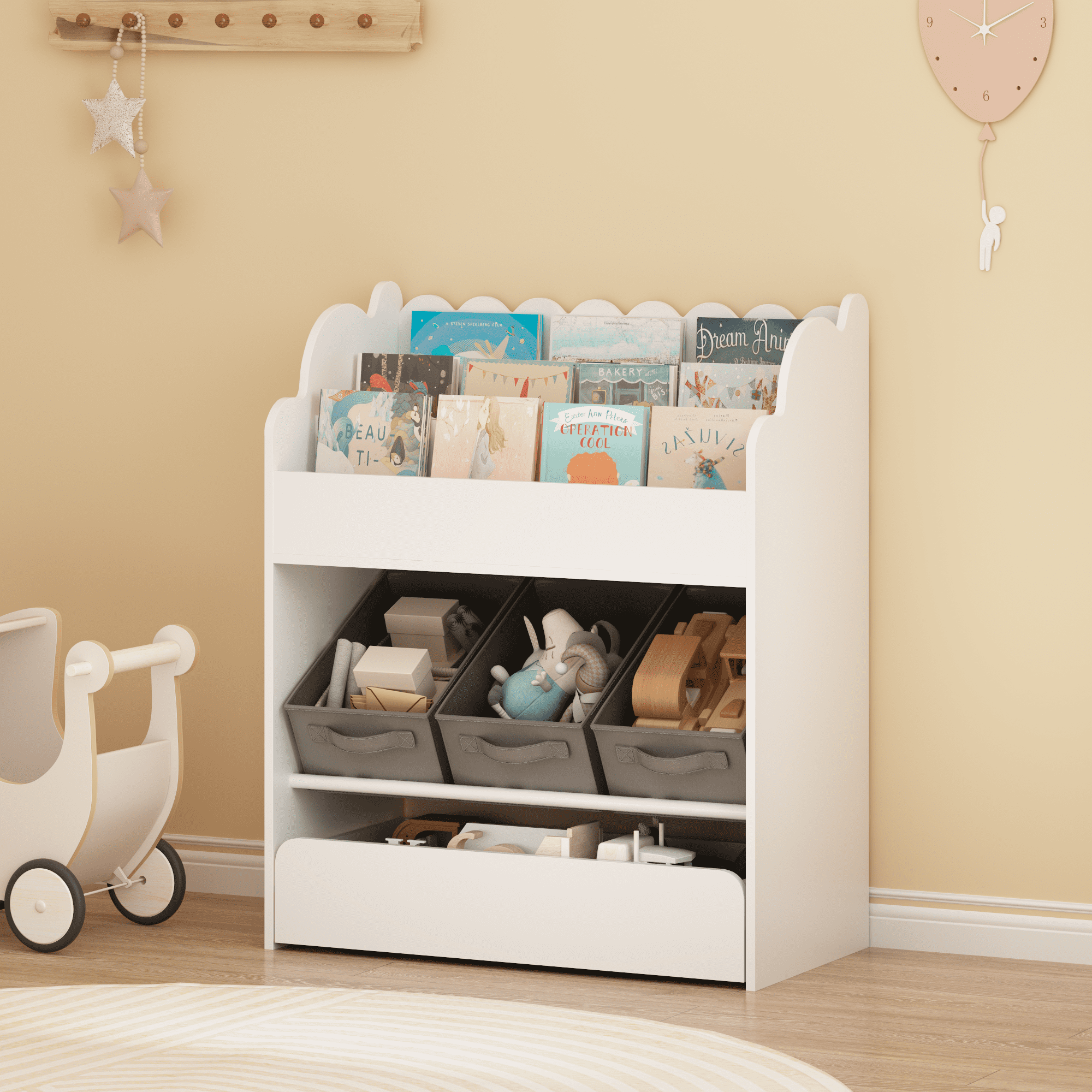 Leumius Kids Bin Storage and Bookcase,Multi-Functional Wooden Storage Organizer for Bedroom,Playroom,White