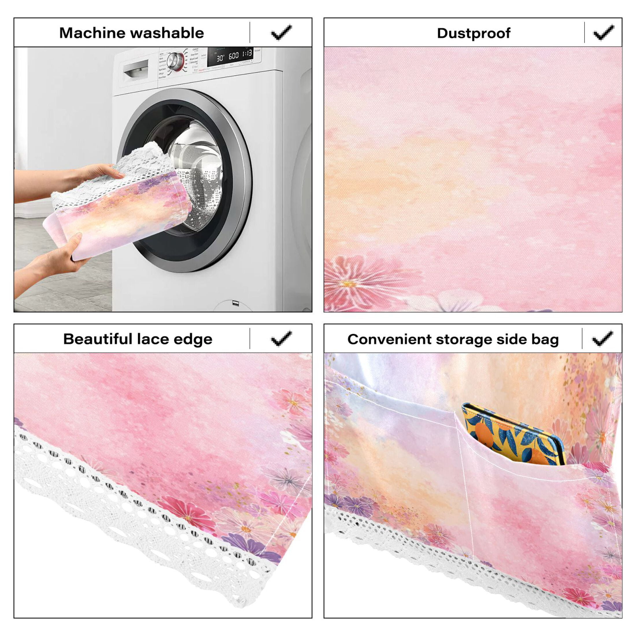 Dustproof Washing Machine Cloth Washer and Dryer Top Covers, Fridge Dust Cover, With Storage Bags Colorful Pastel Floral Pattern