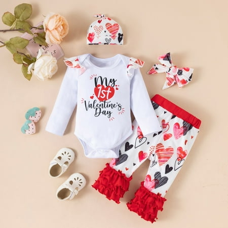 

QIPOPIQ Infant Girl s Clothing Set Clearance Toddler Kids Girls Valentine s Day Cute Love Heart Print Long Sleeve Bow Ruffle Pants Hat Set
