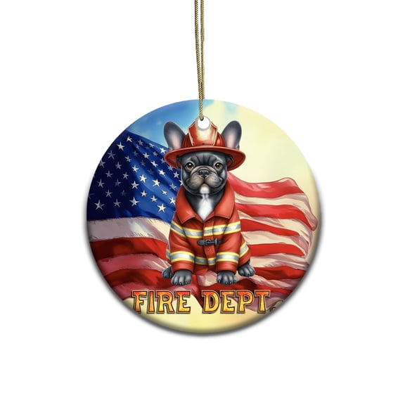 Firefighter French Bulldog Hero Rescue Fire Dept Fireman USA Flag Ceramic Round Ornament Dog Lover Gifts Home Tree Decor - 02026