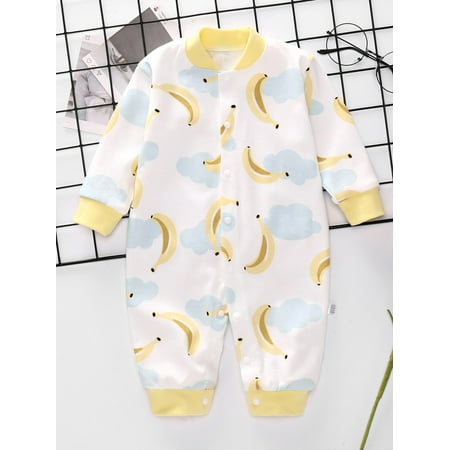 

Baby Girl Banana Print Baseball Collar Jumpsuit Multicolor Casual A042W