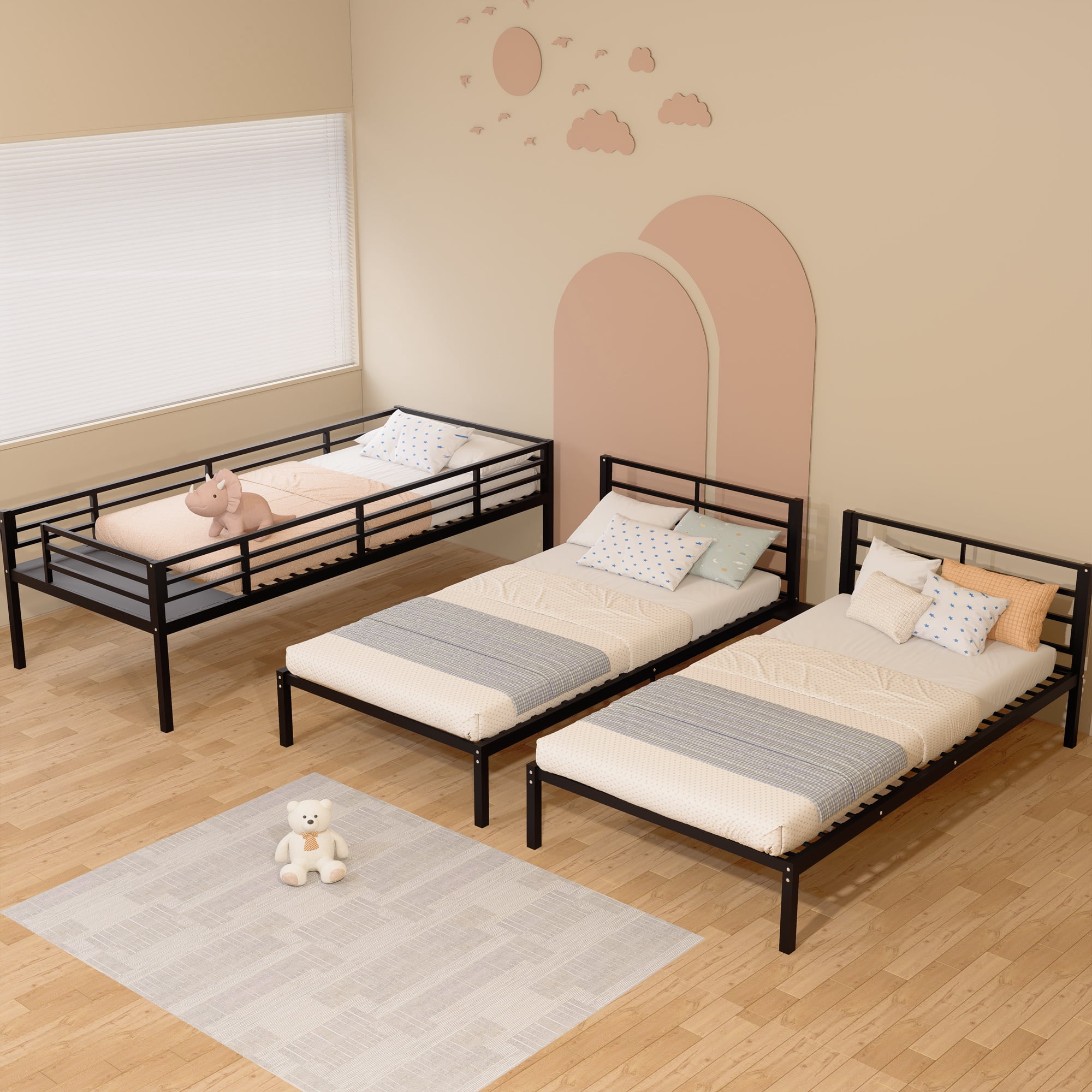 Metal Triple Bunk Bed, Twin Over Twin Over Twin Bunk Bed Frame with Guardrails and Ladder, Heavy Duty Separates Into 3 Individual Beds, Space-Saving Guest Ready Solution for Bedroom Dormitory, Black
