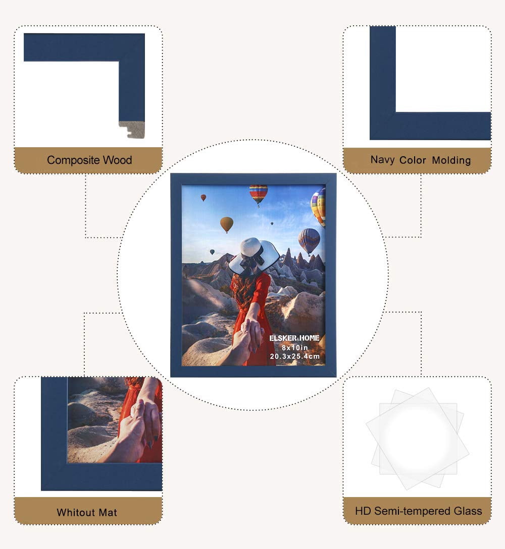 ELSKER&HOME 8x10 Picture Frame 6 Pack - Navy Blue Sturdy Wood Composite Photo Frame