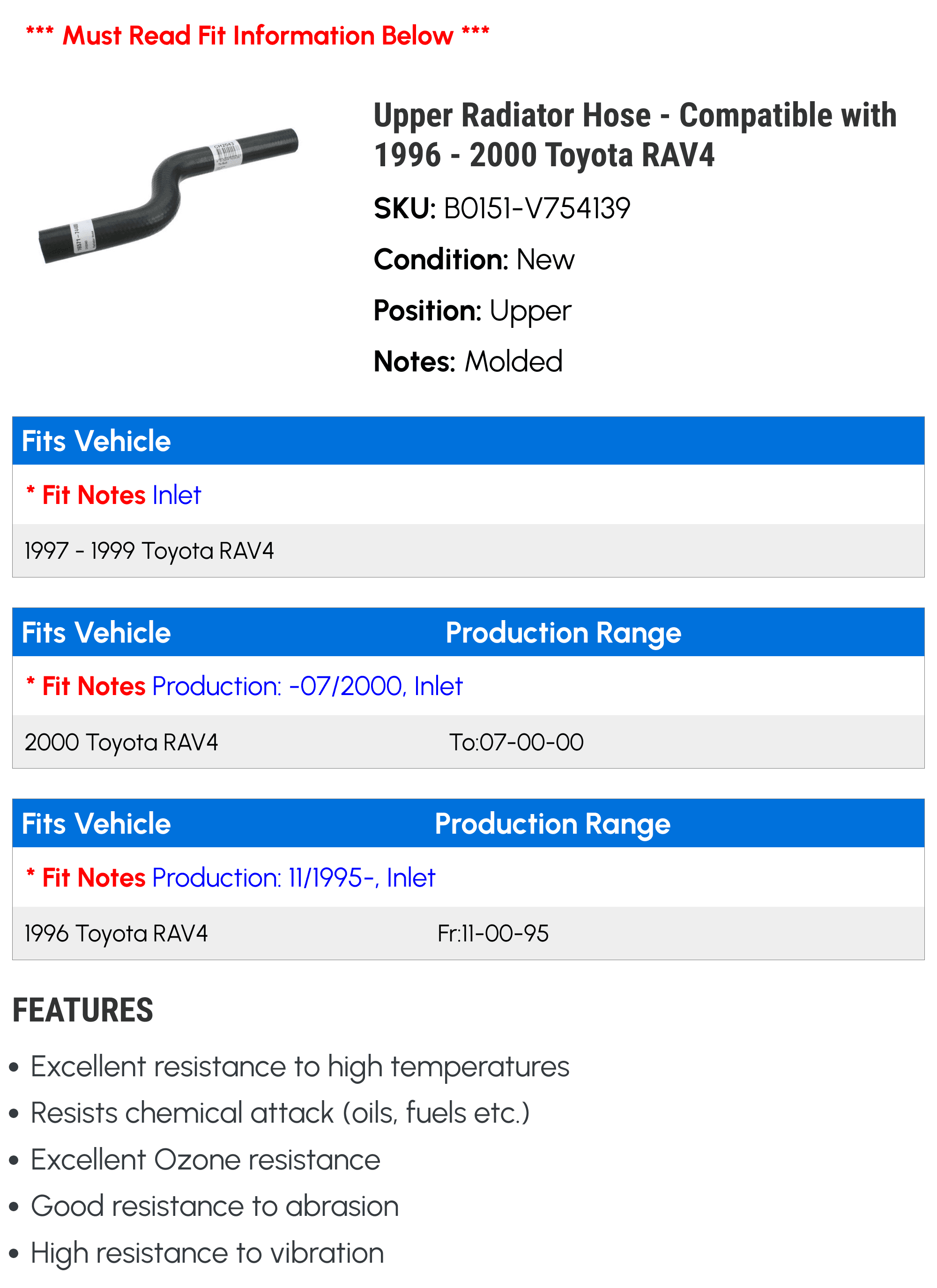 Upper Radiator Hose - Compatible with 1996 - 2000 Toyota RAV4 1997 1998 1999
