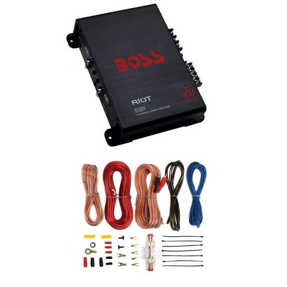 BOSS Audio R1004 Riot 400W 4 Channel Car Power Amplifier Mosfet w/ 8 Ga Amp Kit