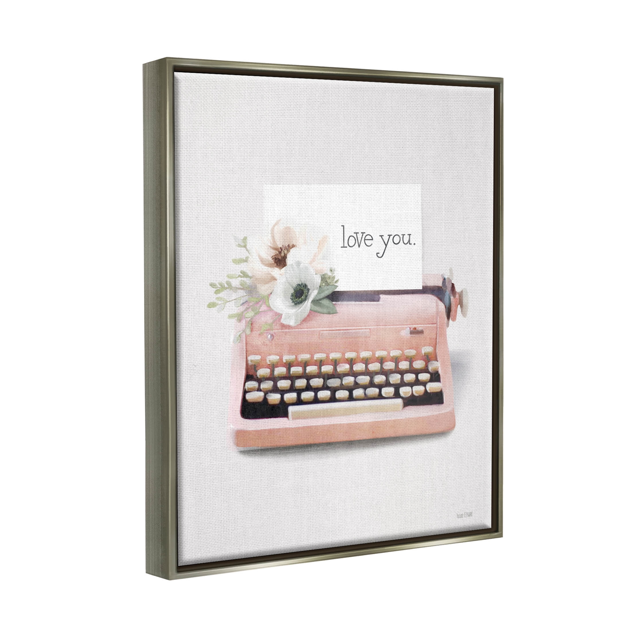 Stupell Industries Romantic Typewriter Vintage Florals Graphic Art Luster Gray Floating Framed Canvas Print Wall Art, Design by House Fenway