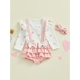 thumbnail image 3 of Suealasg Baby Girls Spring 3Pcs Outfits Sets 3M 6M 12M 18M 24M Infant Girls Birthday Clothes Long Sleeve Heart Print Tops Tiered Ruffle Suspender Shorts Headband Sets, 3 of 8