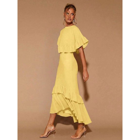 Light Yellow Womens Tiered Ruffle Hem Midi Dress With Flared Short Sleeves And Round Neck For Evening Or Cocktail